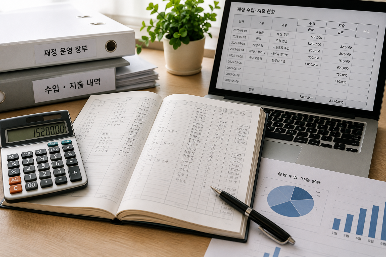 재정 운영 장부와 계산기, 수입·지출 표가 보이는 노트북